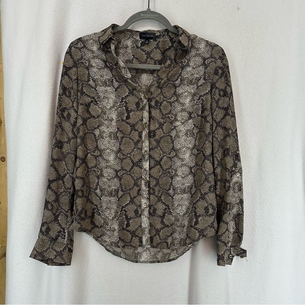 The Limited Snakeskin Print Button-Up Long Sleeve Blouse Womens XS Brown